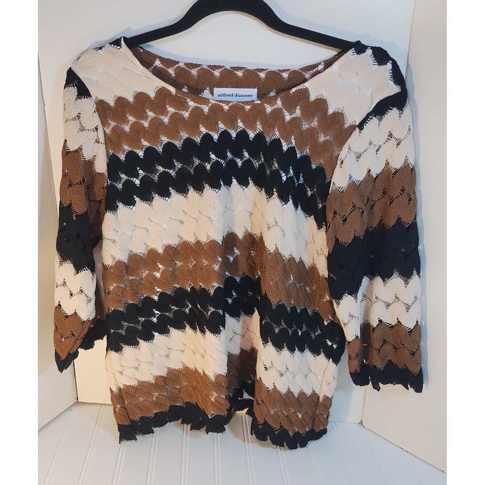 Alfred Dunner Petite MD Crochet Knit Top Brown Black Cream Chevron‎ Earthy Boho